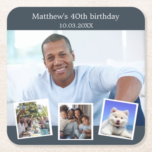 Fotocollage houtskool grijs verjaardagsfeestje kartonnen onderzetters (Voorkant)