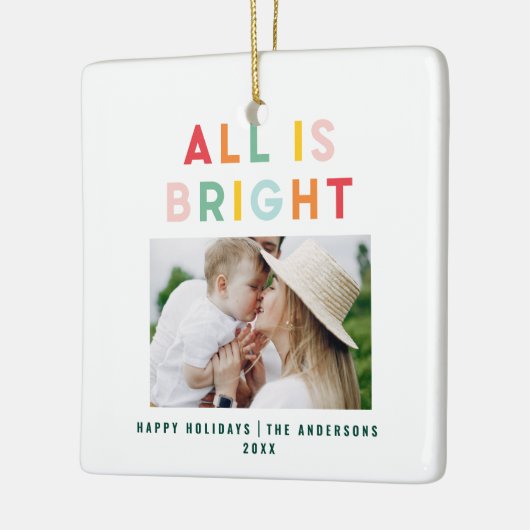 Fotocollage kerstregenboogkleurige heldere foto keramisch ornament (Links)