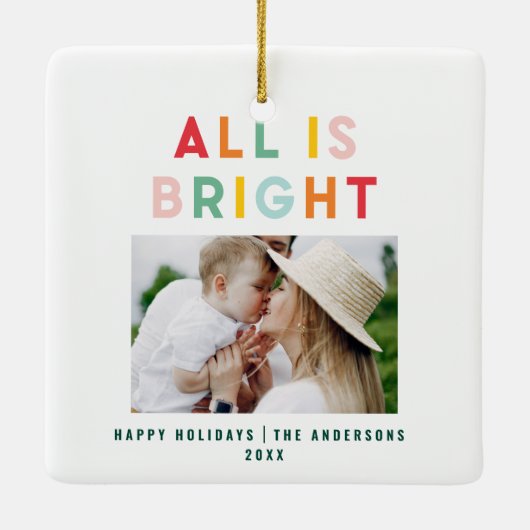 Fotocollage kerstregenboogkleurige heldere foto keramisch ornament (Achterkant)