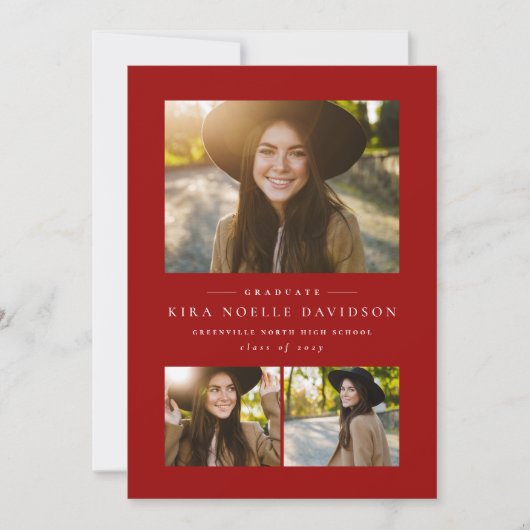 Fotocollage klassiek rood afstuderen aankondiging (Voorkant)