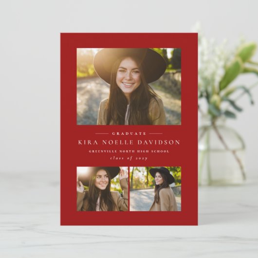 Fotocollage klassiek rood afstuderen aankondiging (Staand voorkant)