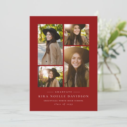 Fotocollage klassiek rood afstuderen aankondiging (Staand voorkant)