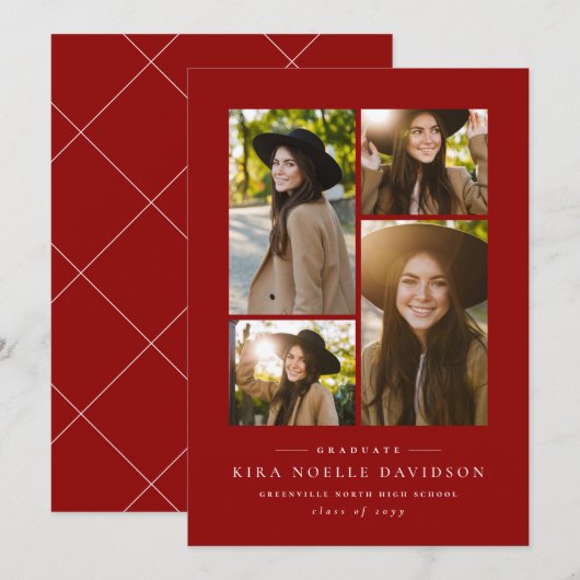 Fotocollage klassiek rood afstuderen aankondiging (Voorkant / Achterkant)