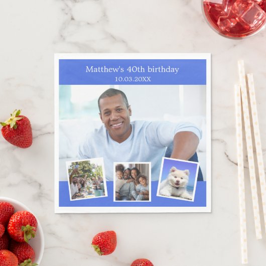 Fotocollage koninklijk blauw verjaardagsfeestje servet (Insitu)