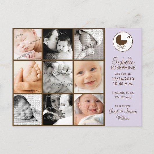 Fotocollage Lavendel Baby Geboorteaankondiging Aankondigingskaart (Voorkant)