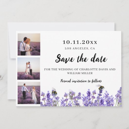 Fotocollage lavendel paarse bruiloft save the date (Voorkant)