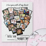 Fotocollage liefde voor mij legpuzzel<br><div class="desc">Hart Shaped foto collage jigzaag met 20 van je favoriete foto's. Zal u me trouwen? in elegante bruine kalligrafie wordt gekarteld en uw foto's worden getoond in vierkant formaat op de achtergronden van de momentopnamestijl in een afbeelding van de hartvorm. Je kunt ook je gepersonaliseerde tekst bovenaan toevoegen, zoals, ik...</div>