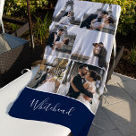 Fotocollage Marine Modern Monogram Strandlaken<br><div class="desc">Onderscheid je met deze persoonlijke strandlaken die 6 foto's van je bruiloft of je familie shows. De onderkant heeft een marineblok waar je je achternaam of voornaam kunt plaatsen.</div>