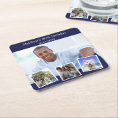 Fotocollage marineblauw verjaardagsfeestje kartonnen onderzetters (Schuin)