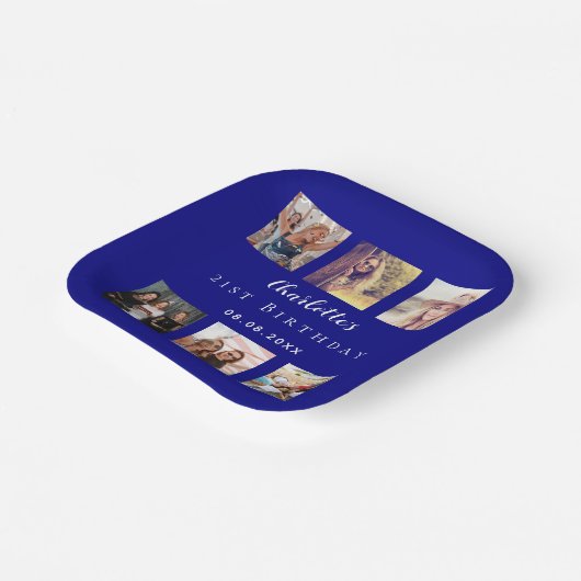 Fotocollage marineblauw verjaardagsfeestje papieren bordje (Gebogen)