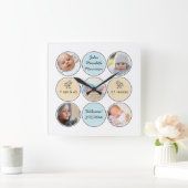 Fotocollage met jongensnaam van de baby, geboorte  vierkante klok (Huis)