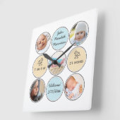 Fotocollage met jongensnaam van de baby, geboorte  vierkante klok (Hoek)