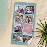 Fotocollage met paaskleuren en aangepaste tekst strandlaken<br><div class="desc">Pastel Blauwgroen Groen en Roze Roos - Gebruik 7 vierkante foto's om een uniek en persoonlijk cadeau te creëer. Een gebied voor tekst is inbegrepen als u namen of een jaar en een gebeurtenis wilt toevoegen. Als u de afbeeldingen moet aanpassen, klik op het aanpassingshulpmiddel om veranderingen aan te brengen....</div>