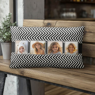 Fotocollage met zwart-wit chevronpatroon kussen