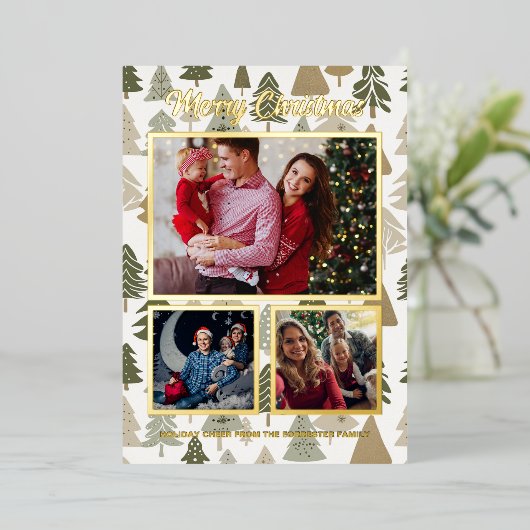 Fotocollage moderne kerstbomen folie feestdagenkaart (Staand Voorkant)