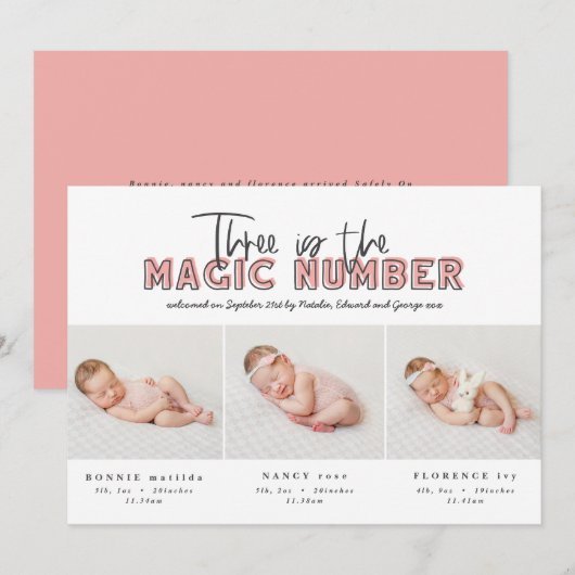 Fotocollage moderne tripletgeboorteaankondiging aankondiging (Voorkant / Achterkant)