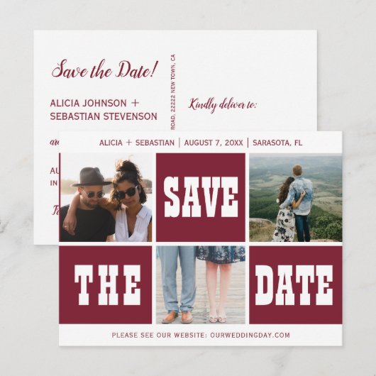 Fotocollage moderne typografie bewaar datum bruilo aankondigingskaart (Voorkant / Achterkant)