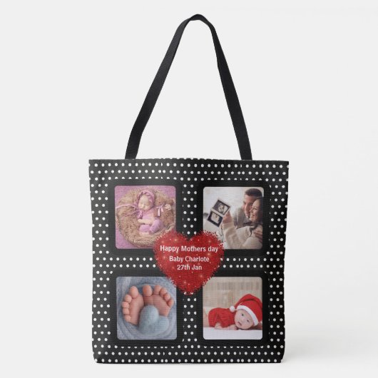 Fotocollage moeder zwarte polka dot rood hart tote bag (Voorkant)