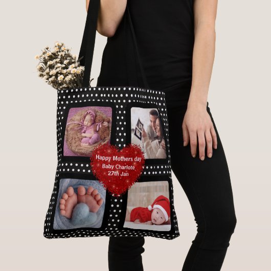 Fotocollage moeder zwarte polka dot rood hart tote bag (Dichtbij)