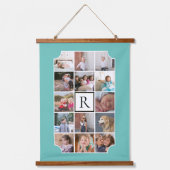 Fotocollage monogram gebogen hoeken blauwgroen hangend wandkleed (Voorkant)