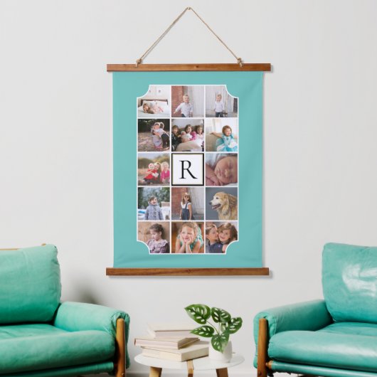 Fotocollage monogram gebogen hoeken blauwgroen hangend wandkleed (Woonkamer)