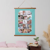 Fotocollage monogram gebogen hoeken blauwgroen hangend wandkleed (Slaapkamer)