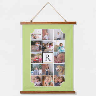 Fotocollage monogram gebogen hoeken bleek groen hangend wandkleed