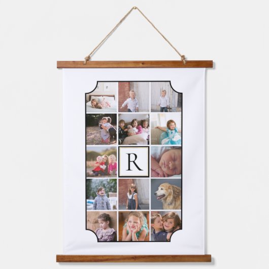 Fotocollage monogram gebogen hoeken wit hangend wandkleed (Voorkant)