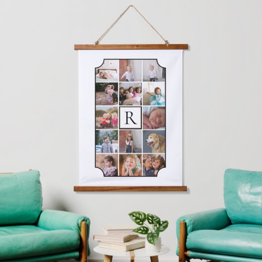 Fotocollage monogram gebogen hoeken wit hangend wandkleed (Woonkamer)