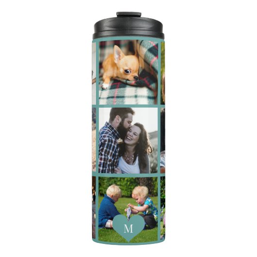 Fotocollage monogram gepersonaliseerd modern groen thermosbeker (Voorkant)
