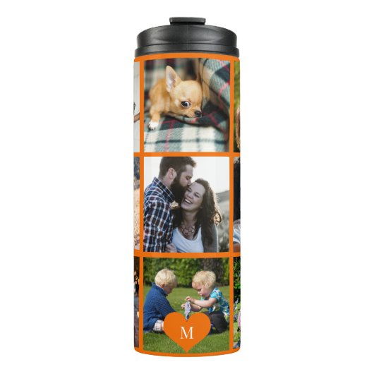 Fotocollage monogram gepersonaliseerd modern oranj thermosbeker (Voorkant)