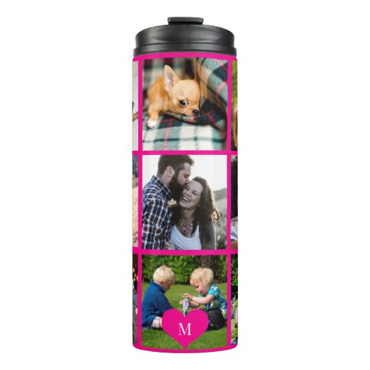 Fotocollage monogram gepersonaliseerd modern roze thermosbeker (Voorkant)