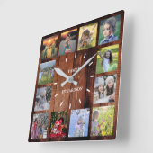 Fotocollage-monogram voor de familie Rustisch hout Vierkante Klok (Hoek)