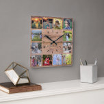 Fotocollage-monogram voor de familie Rustisch hout Vierkante Klok<br><div class="desc">Aangepaste fotocollage op de bijtende houten achtergrondklok. Voeg uw eigen persoonlijke foto's en naam toe om de klok te personaliseren en u zult een zeer persoonlijke en unieke klok creëer.</div>