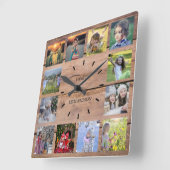 Fotocollage-monogram voor de familie Rustisch hout Vierkante Klok (Hoek)