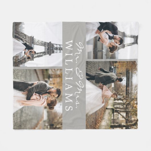 Fotocollage Mr & Mrs Pas getrouwd Monogram Grijs Fleece Deken (Voorkant (Horizontaal))