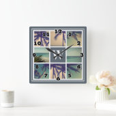 Fotocollage muurklok met aangepaste naam monogram vierkante klok (Huis)