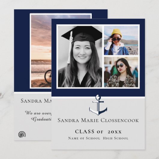 Fotocollage Nautical Navy Blue Anchor afstuderen Aankondiging (Voorkant / Achterkant)