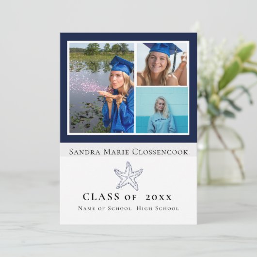 Fotocollage Nautical Navy Blue Zeesterren afstuder Aankondiging (Staand voorkant)