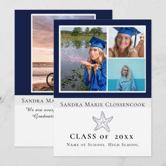 Fotocollage Nautical Navy Blue Zeesterren afstuder Aankondiging (Voorkant / Achterkant)
