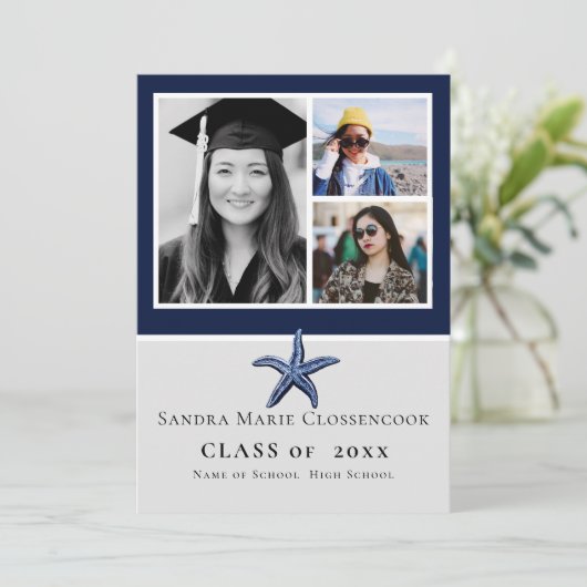 Fotocollage Nautical Starfish Navy afstuderen Aankondiging (Staand voorkant)