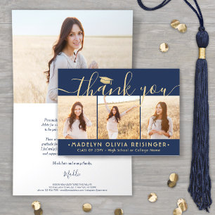 Fotocollage Nieuw Adres Navy & Gold Afstuderen Bedankkaart
