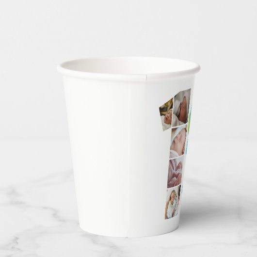 Fotocollage nummer 1 jongensnaam 1e verjaardag papieren bekers (Rechts)