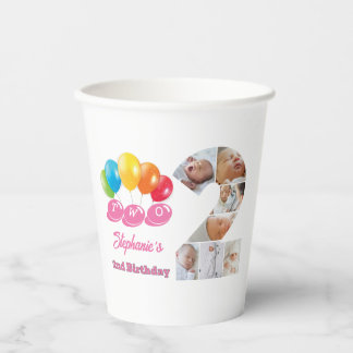 Fotocollage nummer twee meisjesnaam 2e verjaardag papieren bekers