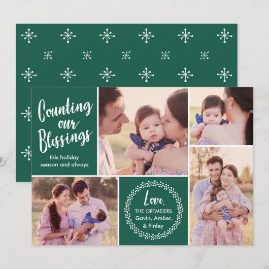 Fotocollage | Onze zegeningen tellen | Groen Feestdagenkaart (Voorkant / Achterkant)