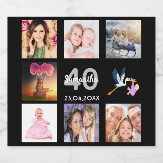 Fotocollage op 40e verjaardag zwart sparkling wijnetiket (Enkel label)