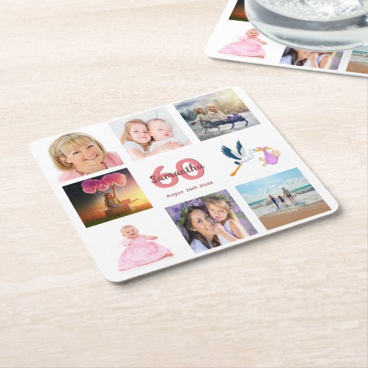 Fotocollage op 60e verjaardag kartonnen onderzetters (Schuin)