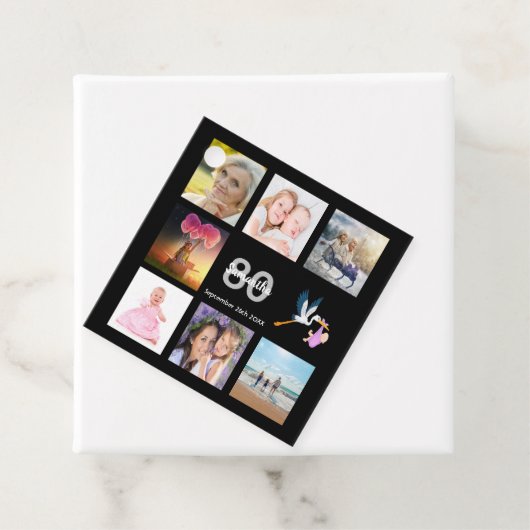 Fotocollage op 80e verjaardag dank je zwart bedankjes labels (In situ)