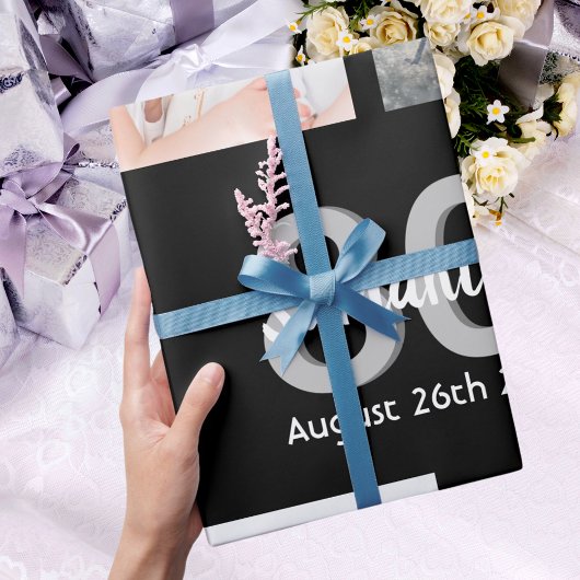 Fotocollage op 80e verjaardag foto-collage zwarte  cadeaupapier