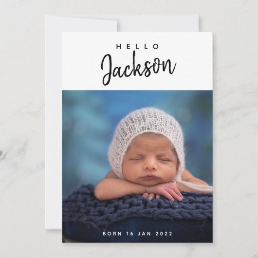 Fotocollage op maat babyjongen script geboorte aankondiging (Voorkant)